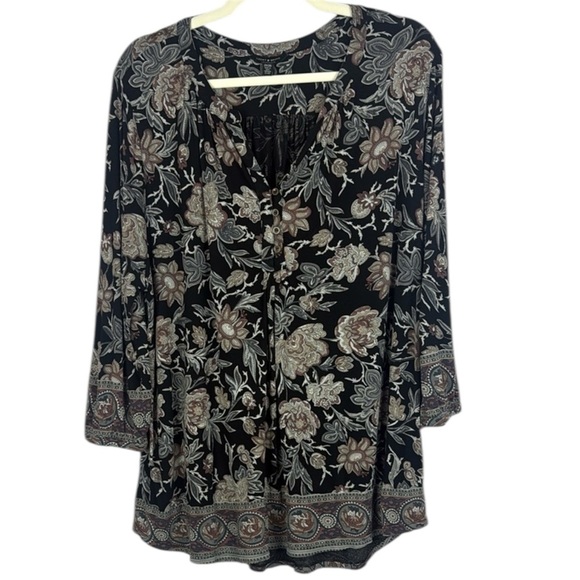 Lucky Brand Floral Black Brown and Gray 3/4 Sleeve Blouse Size 2X - Picture 1 of 13